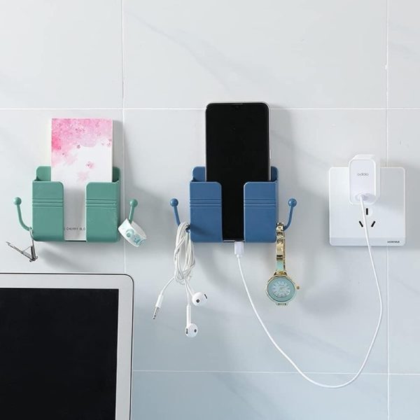 Wall Mount Phone Holder & Remote Control Stand with Hooks – Space-Saving Organizer for Bed, Kitchen, Living Room & Office (Random Color)