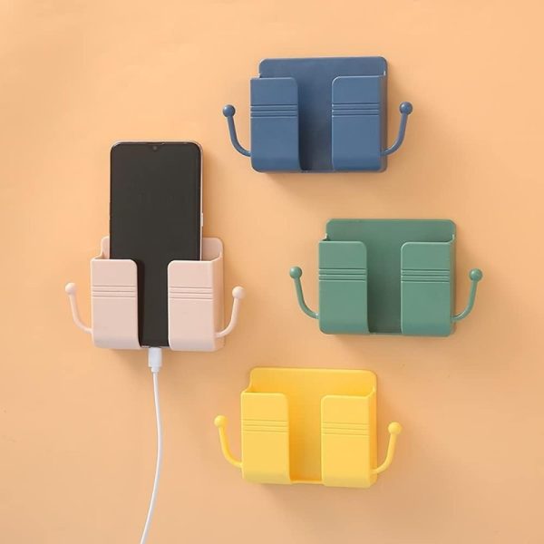Wall Mount Phone Holder & Remote Control Stand with Hooks – Space-Saving Organizer for Bed, Kitchen, Living Room & Office (Random Color)