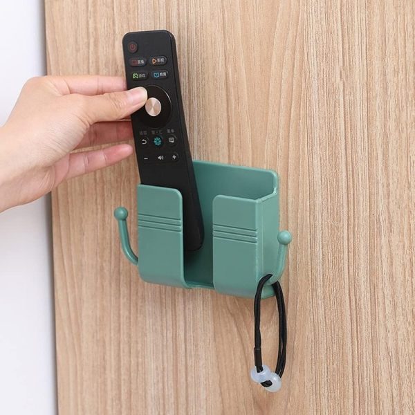 Wall Mount Phone Holder & Remote Control Stand with Hooks – Space-Saving Organizer for Bed, Kitchen, Living Room & Office (Random Color)