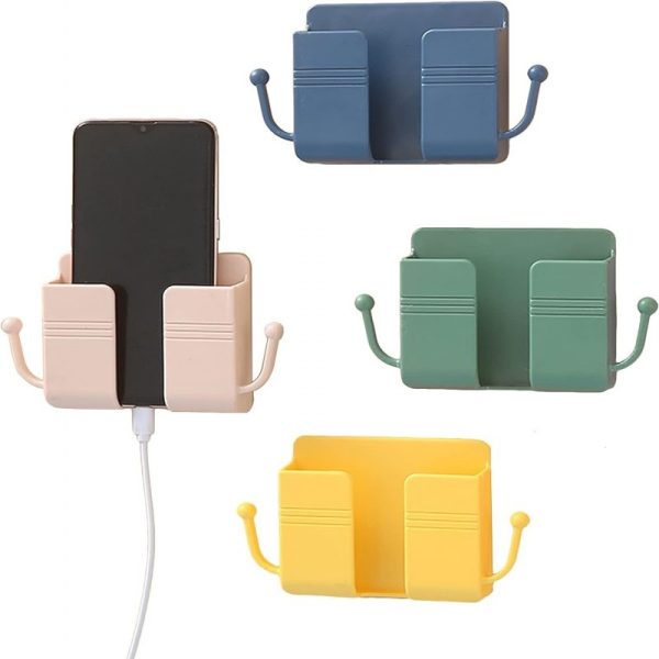Wall Mount Phone Holder & Remote Control Stand with Hooks – Space-Saving Organizer for Bed, Kitchen, Living Room & Office (Random Color)